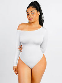 Seamless Diagonal Neck Long Sleeve Waist Trimming Thong Bodysuit